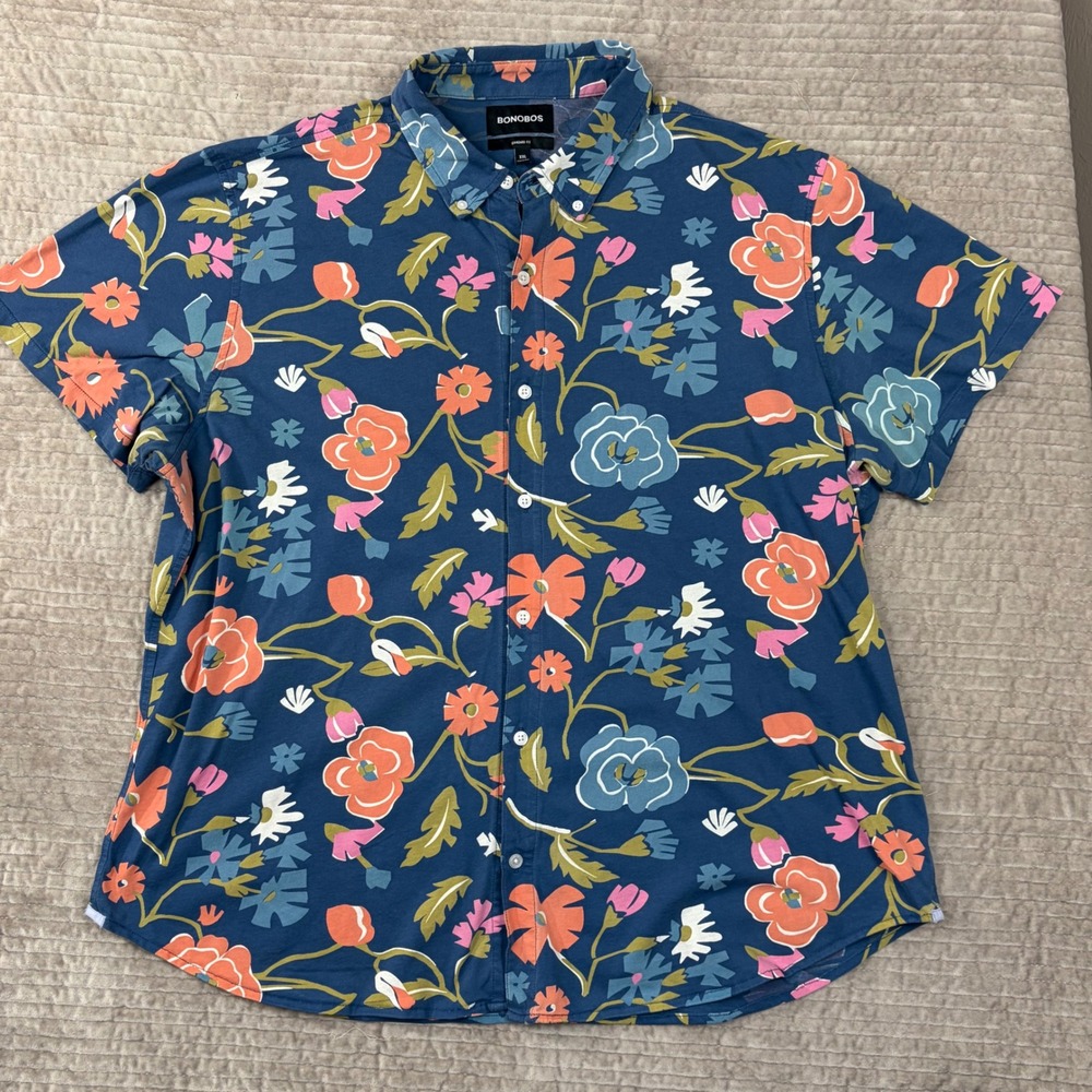 Bonobos XXL Blue Floral Short Sleeve Button Down Shirt BKT00110D Standard Fit